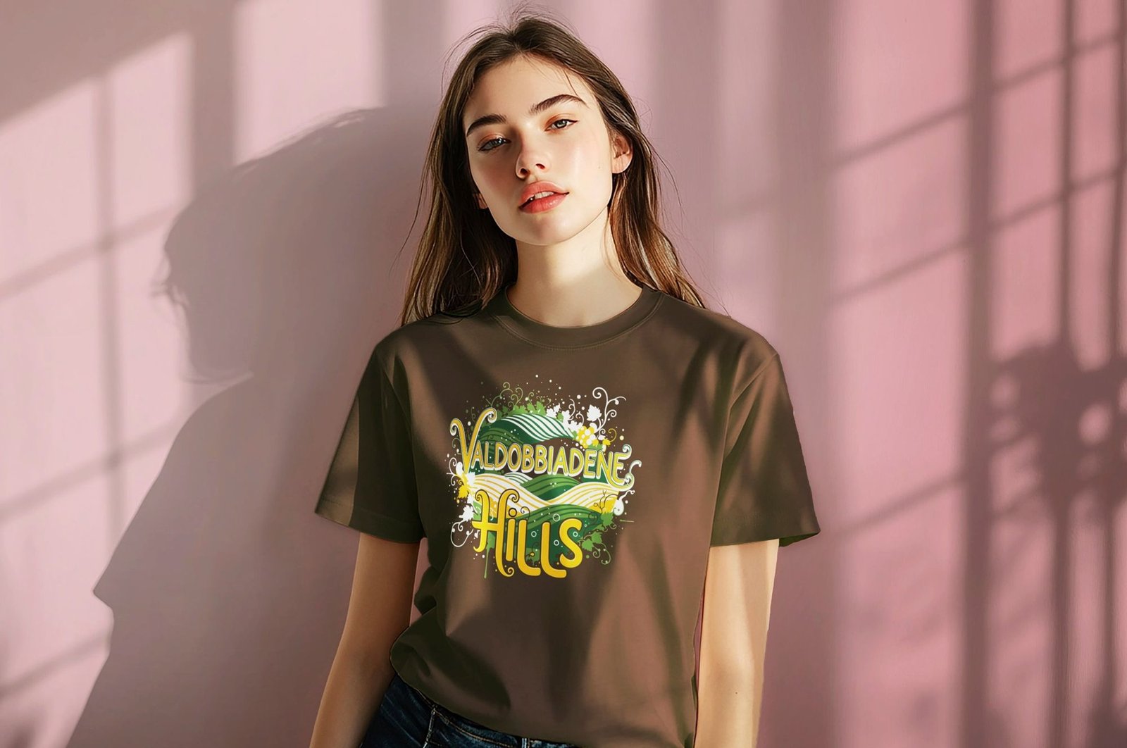 Una ragazza indossa la t-shirt Valdobbiadene Hills